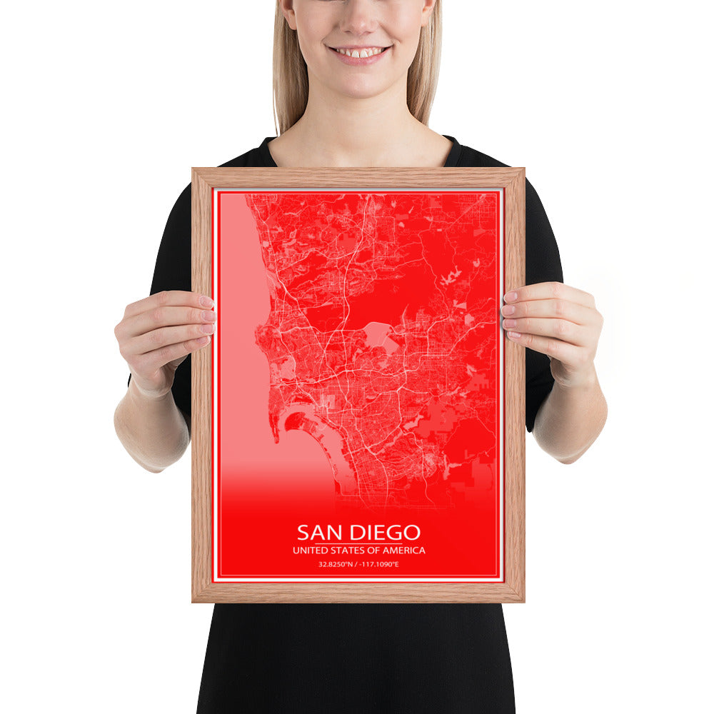 San Diego Red and White Framed Map