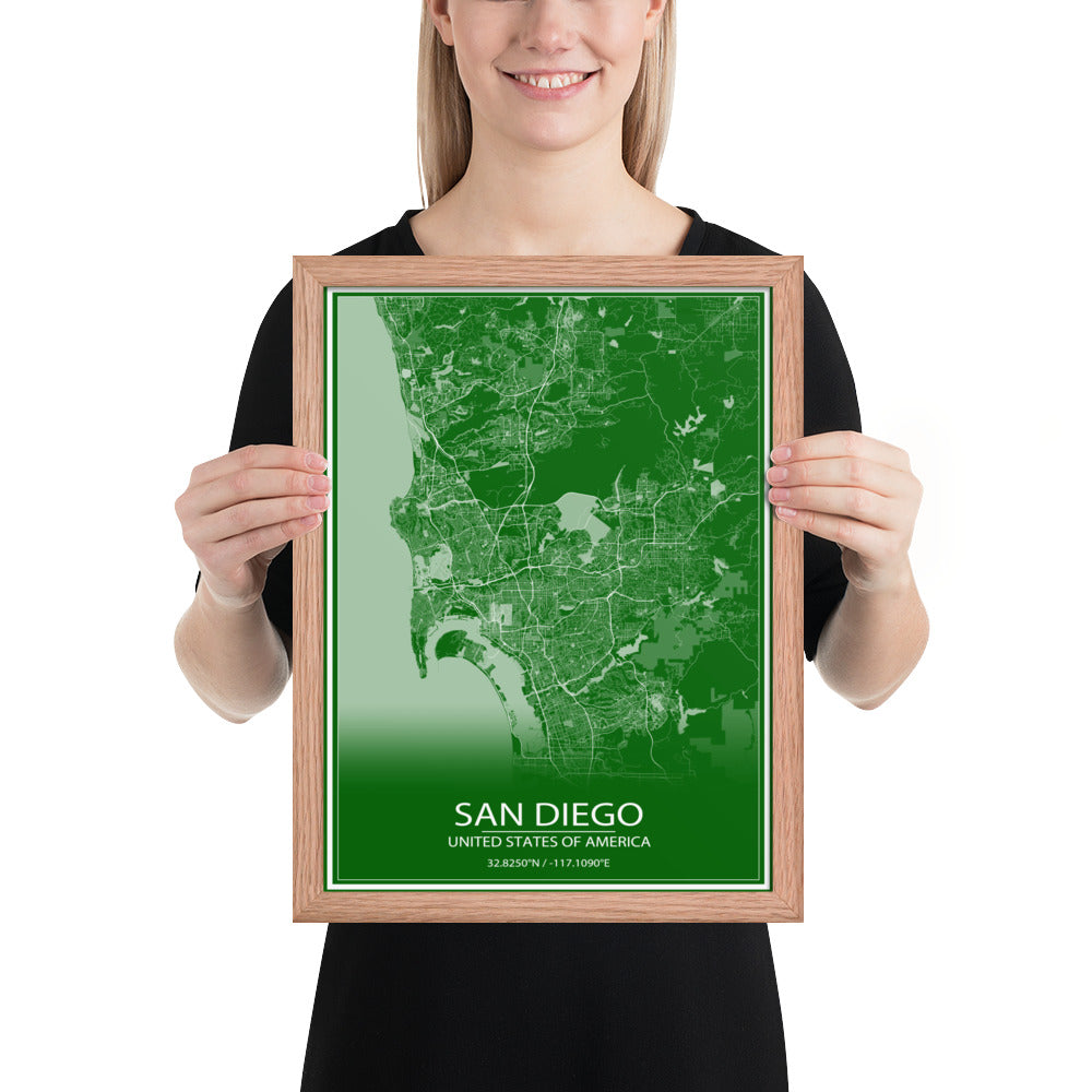 San Diego Green and White Framed Map