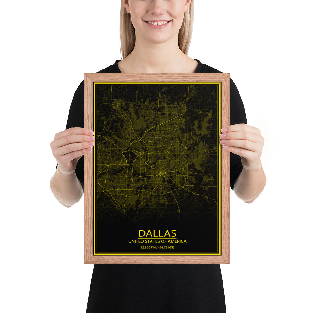 Dallas Black and Yellow Framed Map