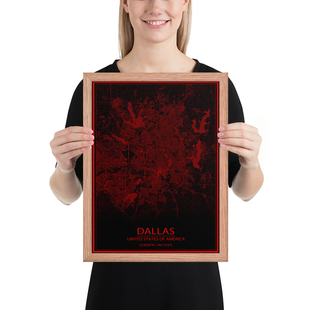 Dallas Black and Red Framed Map