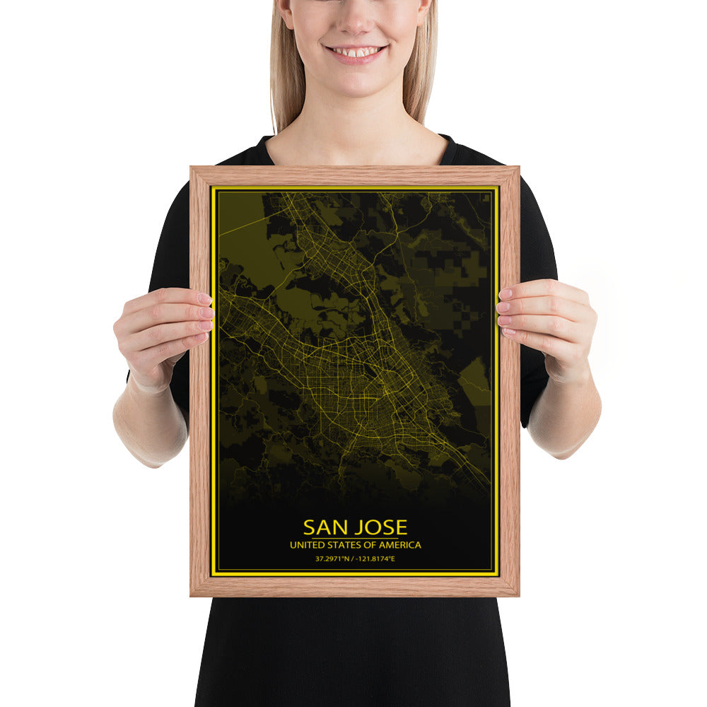 San Jose Black and Yellow Framed Map