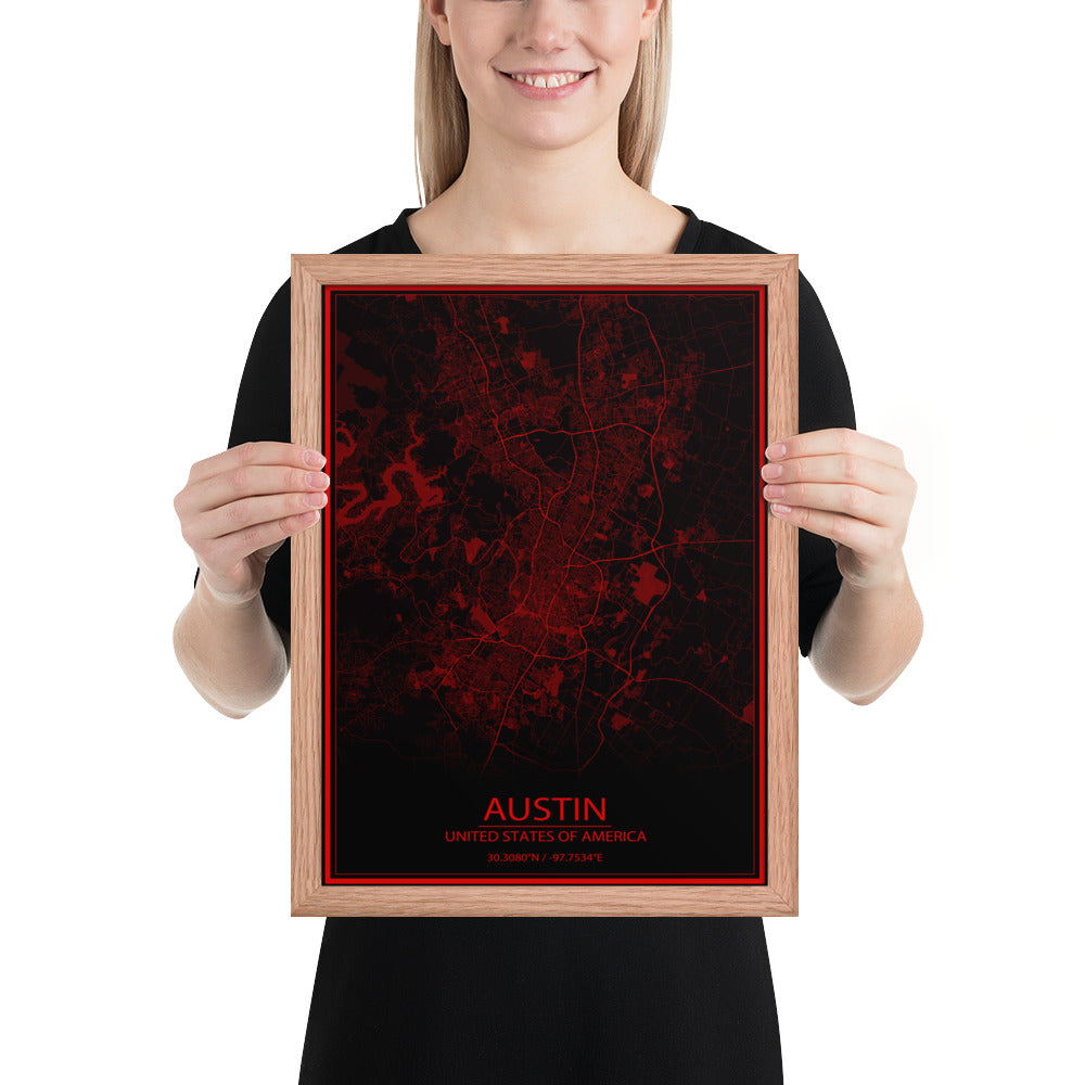 Austin Black and Red Framed Map