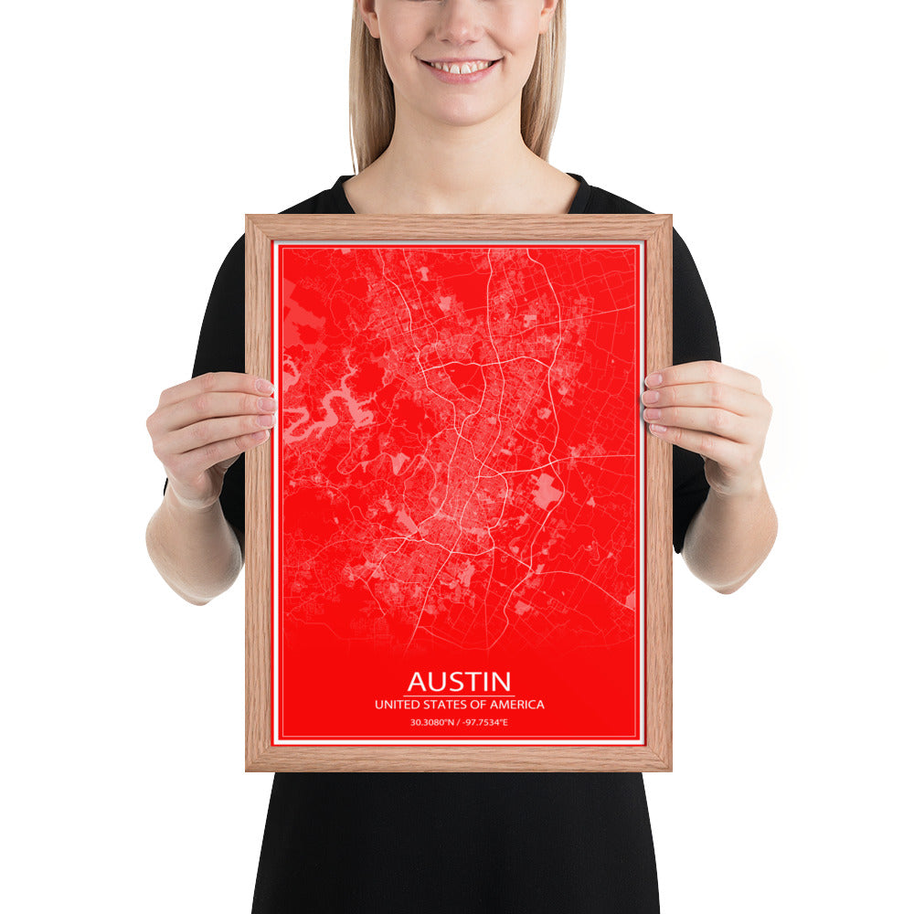 Austin Red and White Framed Map