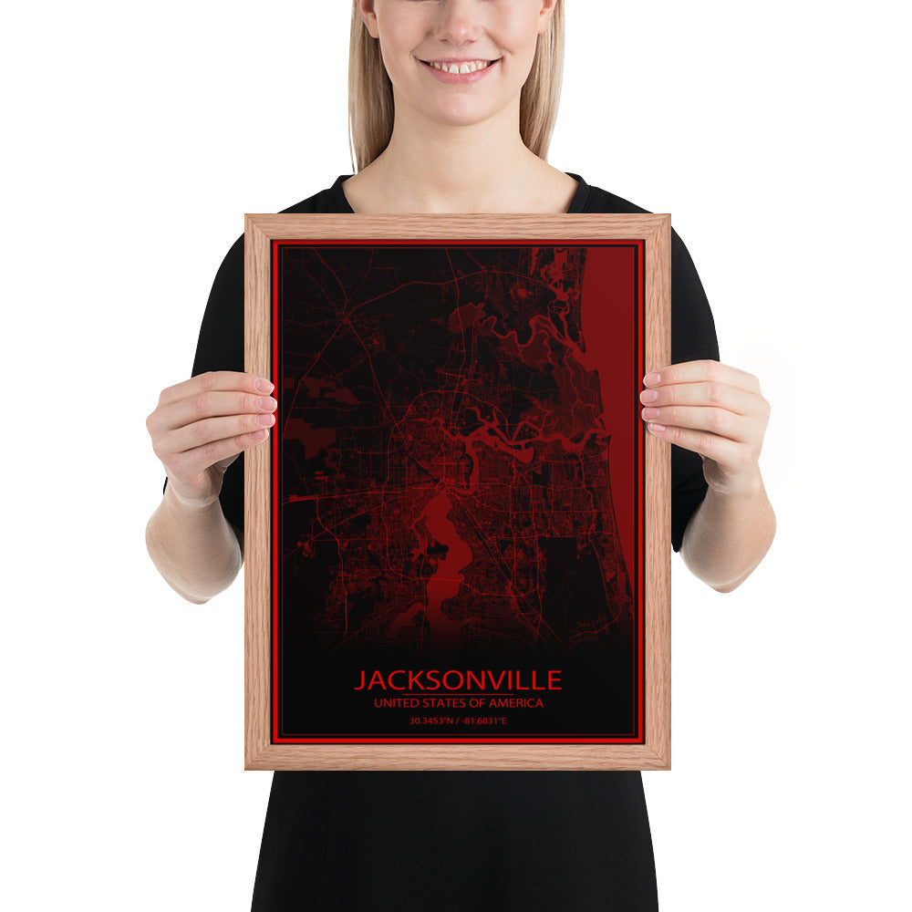 Jacksonville Black and Red Framed Map