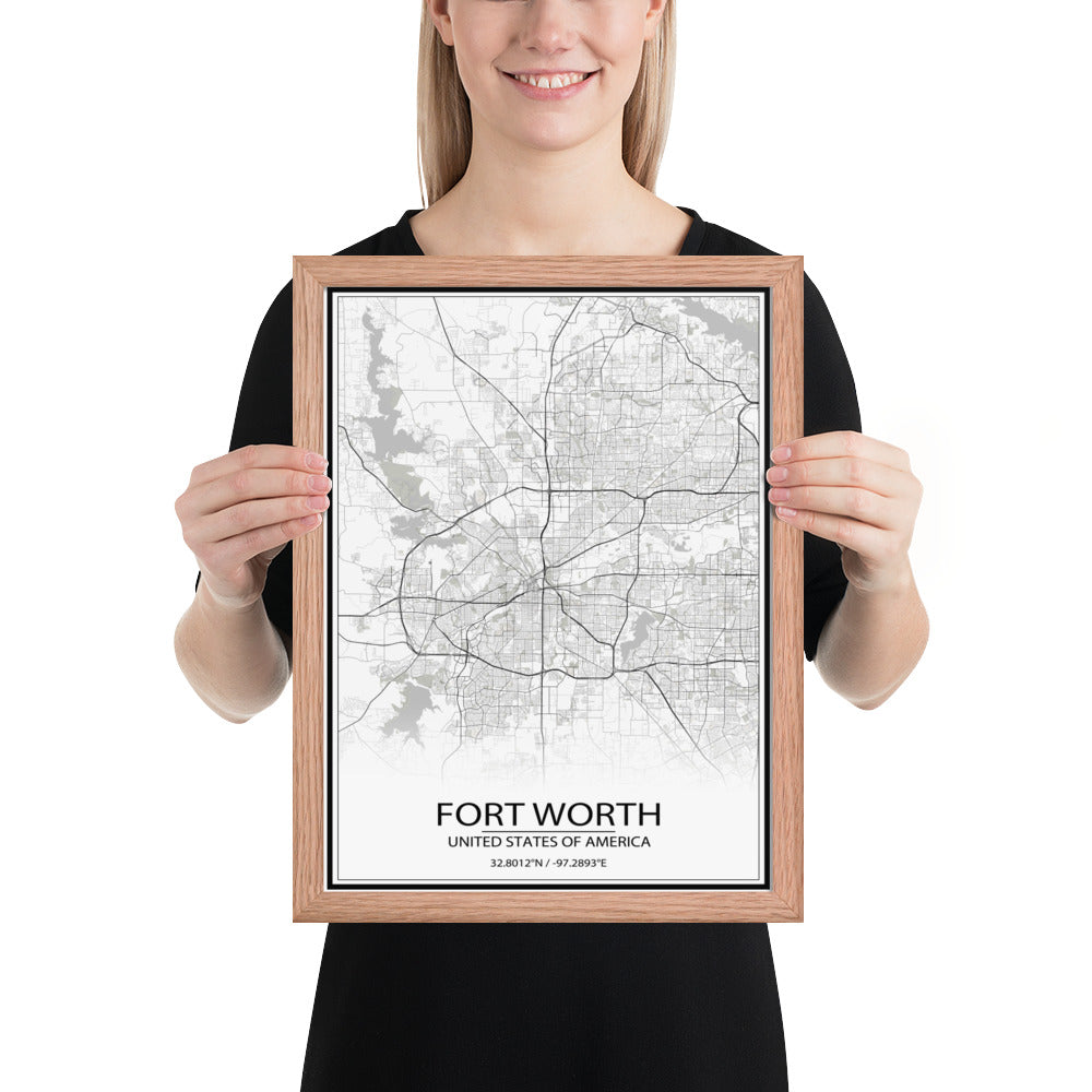 Fort Worth White Framed Map