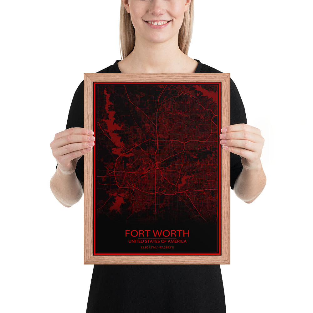 Fort Worth Black and Red Framed Map