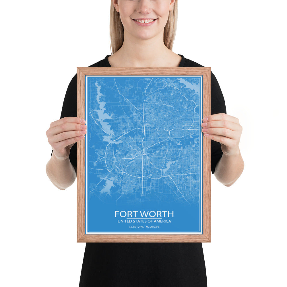 Fort Worth Blue and White Framed Map