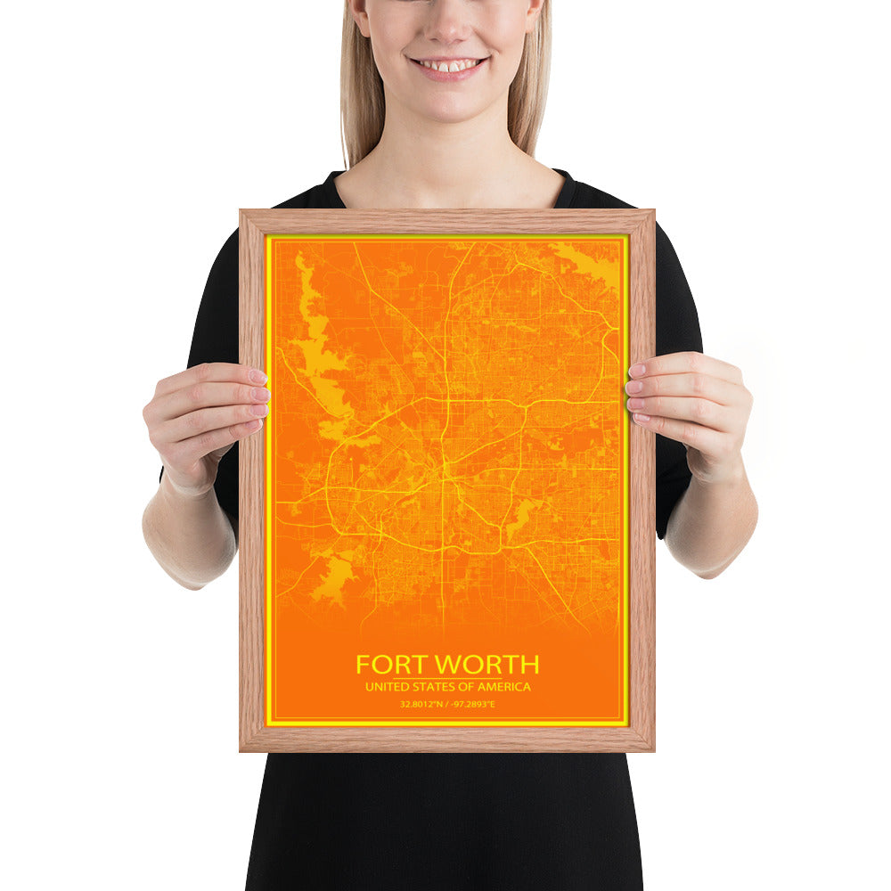 Fort Worth Orange and Yellow Framed Map