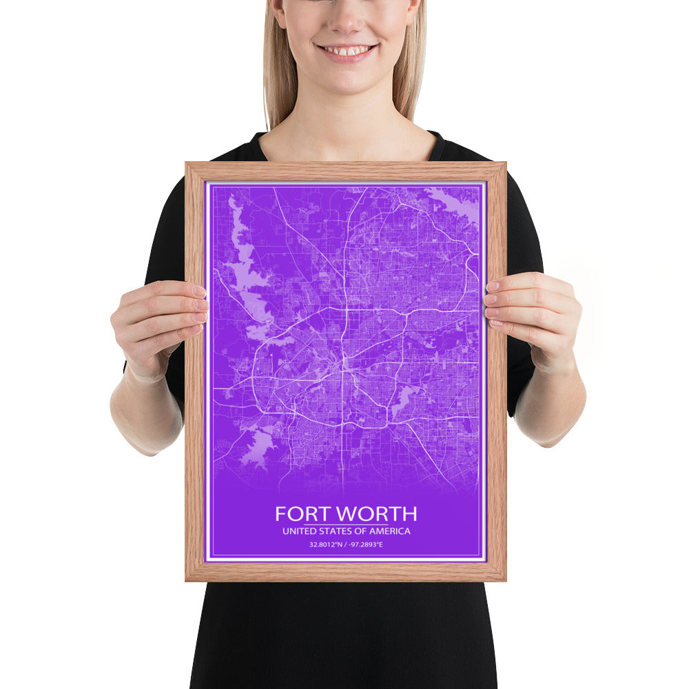 Fort Worth Purple and White Framed Map