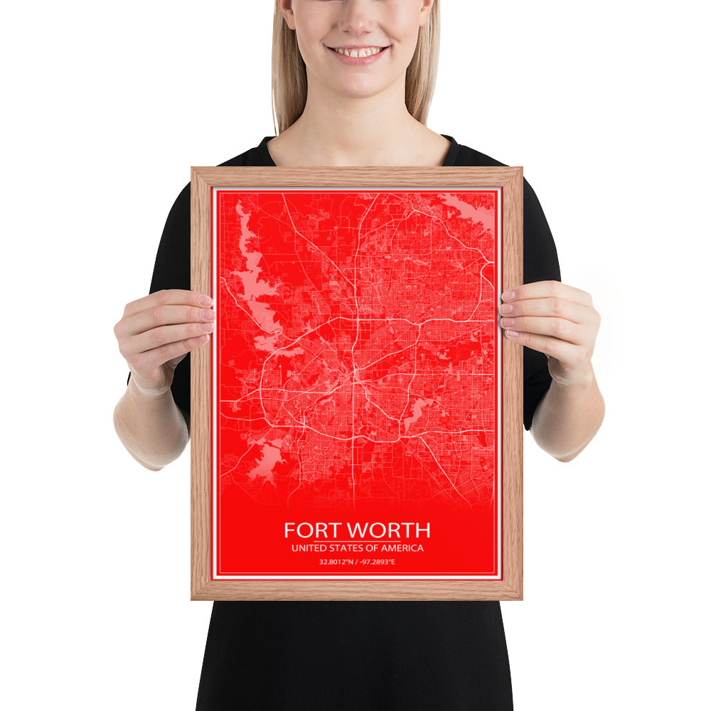 Fort Worth Red and White Framed Map