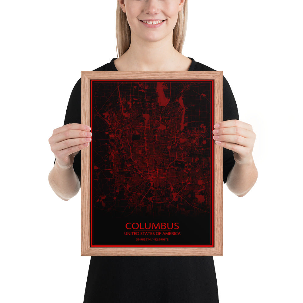 Columbus Black and Red Framed Map