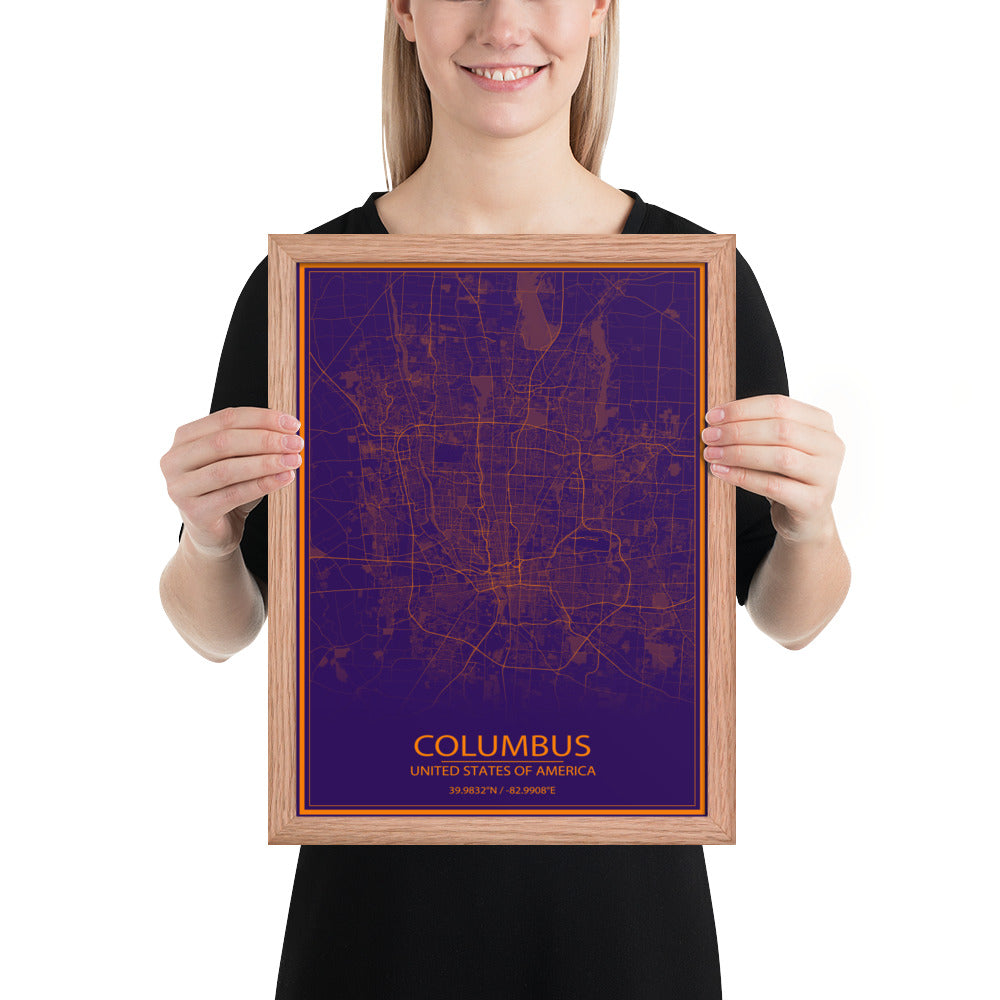 Columbus Purple and Orange Framed Map