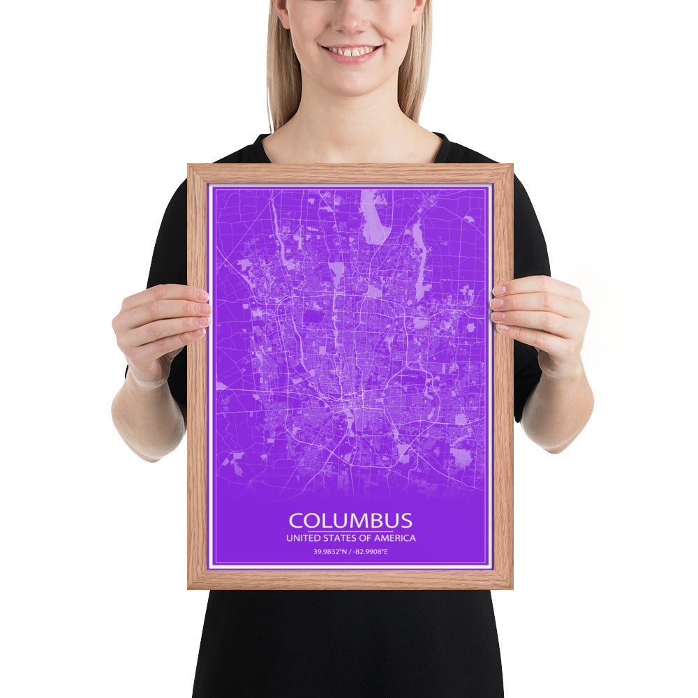 Columbus Purple and White Framed Map