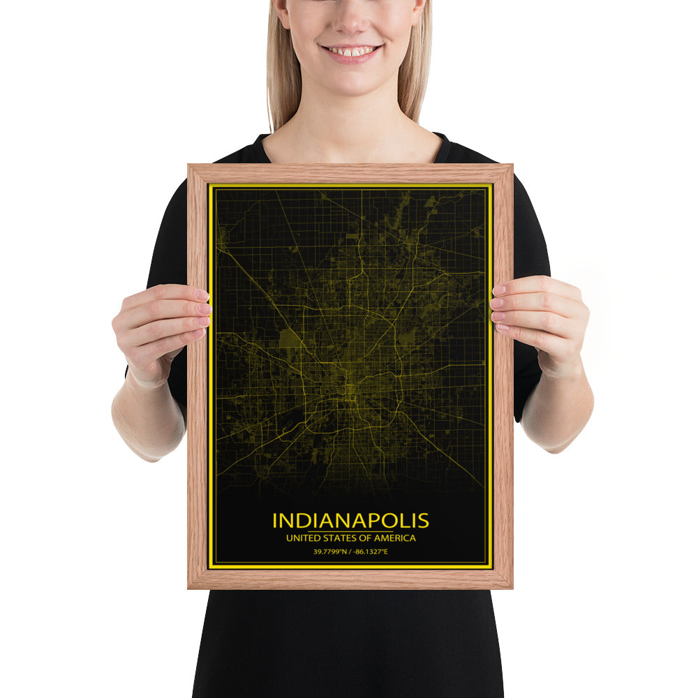 Indianapolis Black and Yellow Framed Map