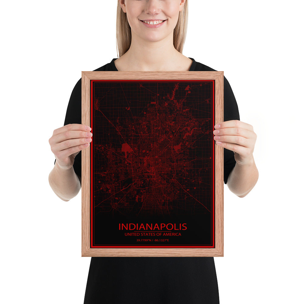 Indianapolis Black and Red Framed Map