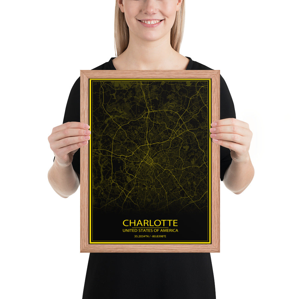 Charlotte Black and Yellow Framed Map