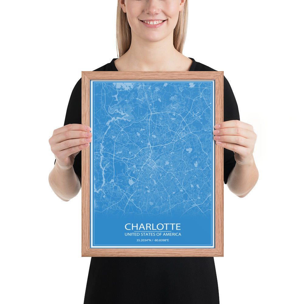 Charlotte Blue and White Framed Map