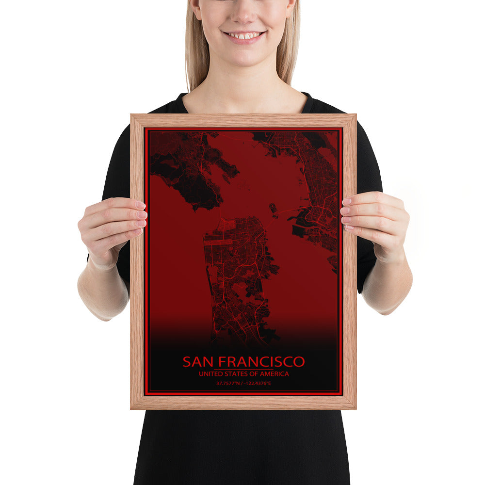 San Francisco Black and Red Framed Map