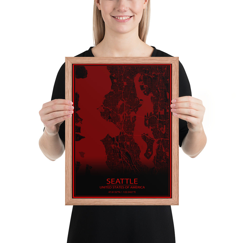 Seattle Black and Red Framed Map