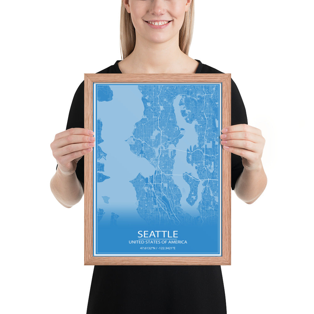 Seattle Blue and White Framed Map