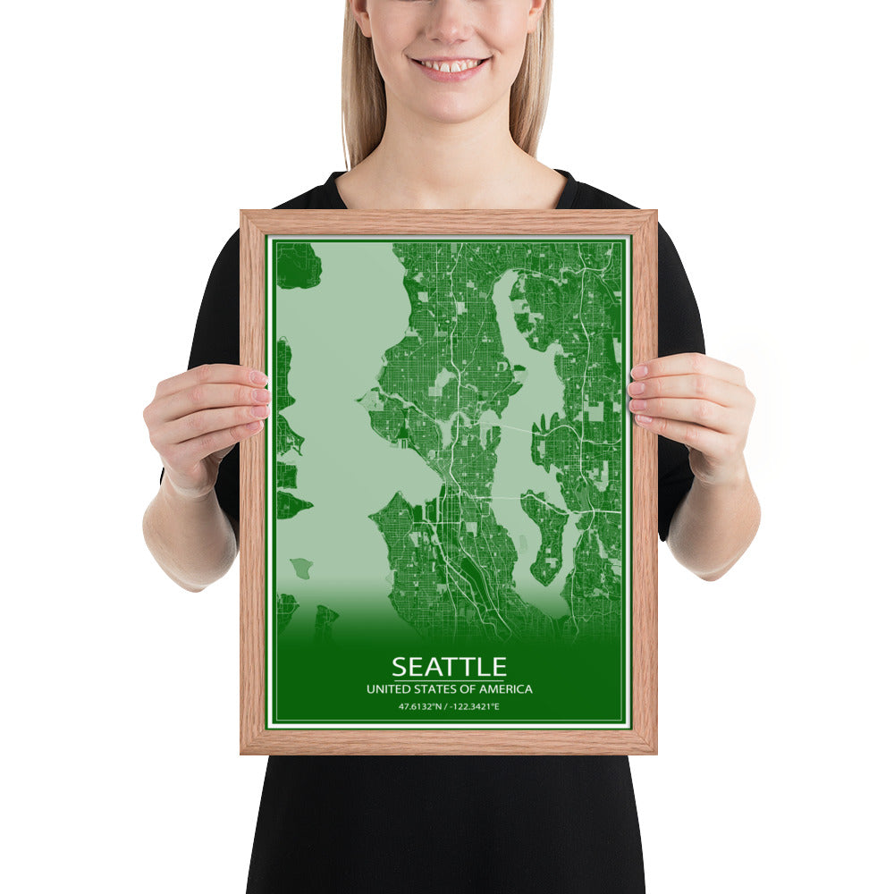 Seattle Green and White Framed Map