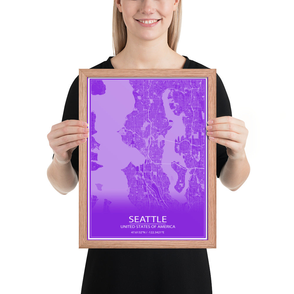 Seattle Purple and White Framed Map