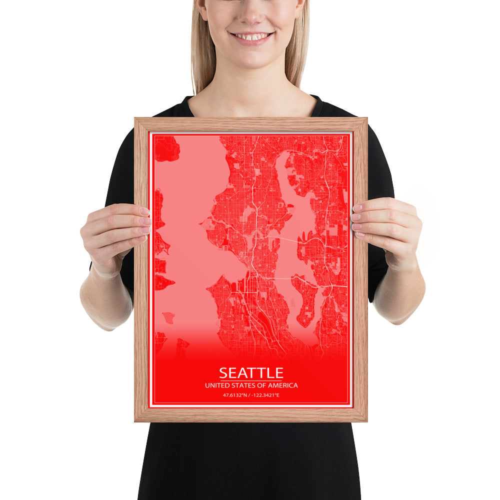 Seattle Red and White Framed Map