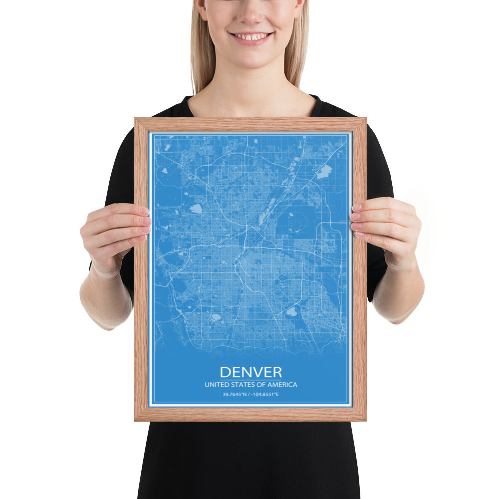 Denver Blue and White Framed Map