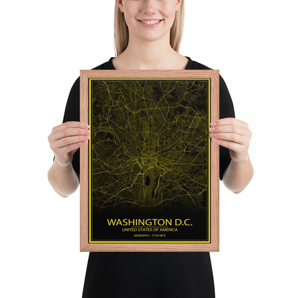 Washington, D.C. Black and Yellow Framed Map