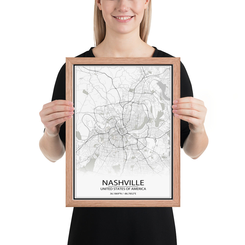 Nashville White Framed Map