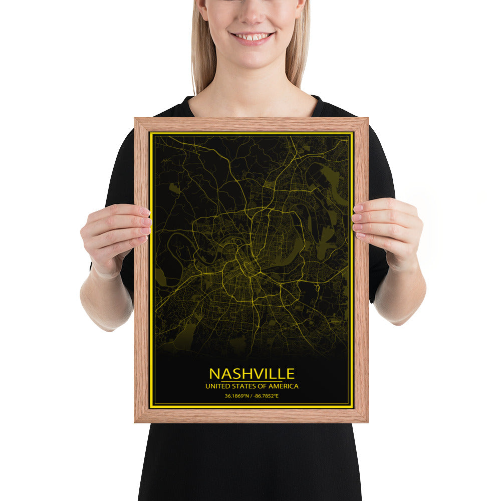 Nashville Black and Yellow Framed Map