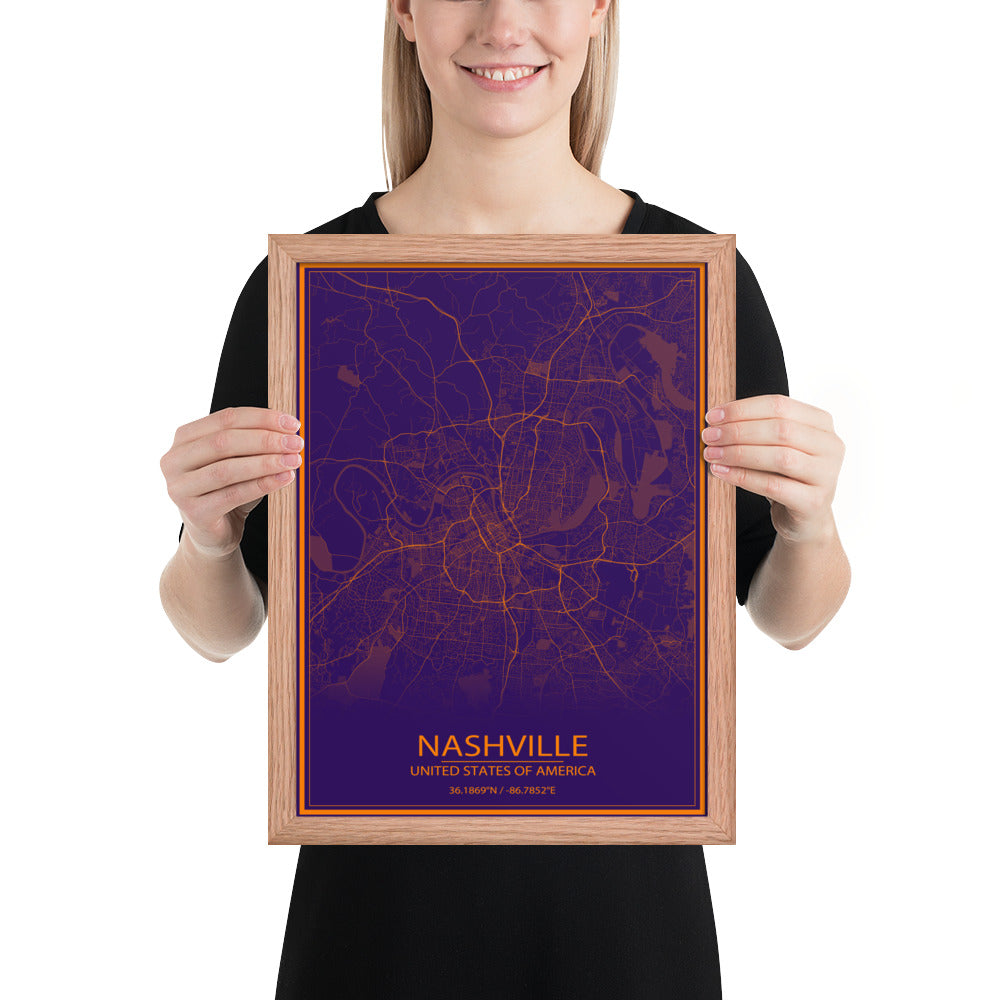 Nashville Purple and Orange Framed Map