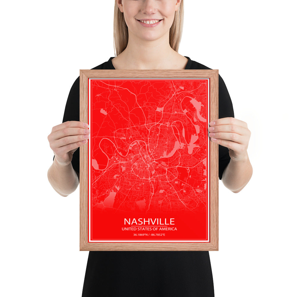 Nashville Red and White Framed Map