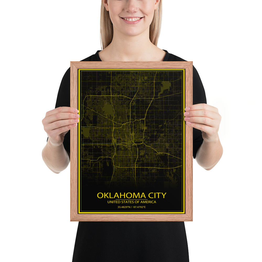 Oklahoma City Black and Yellow Framed Map