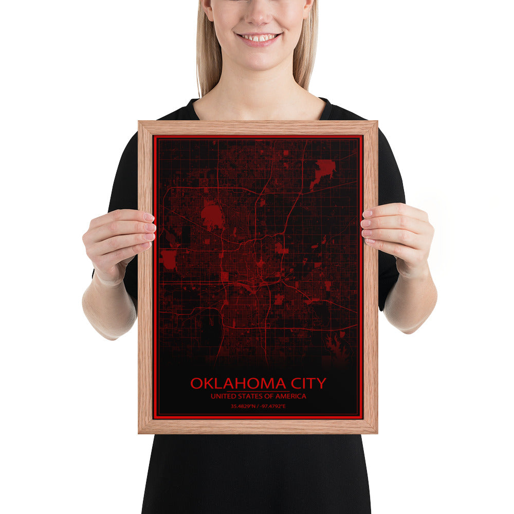 Oklahoma City Black and Red Framed Map