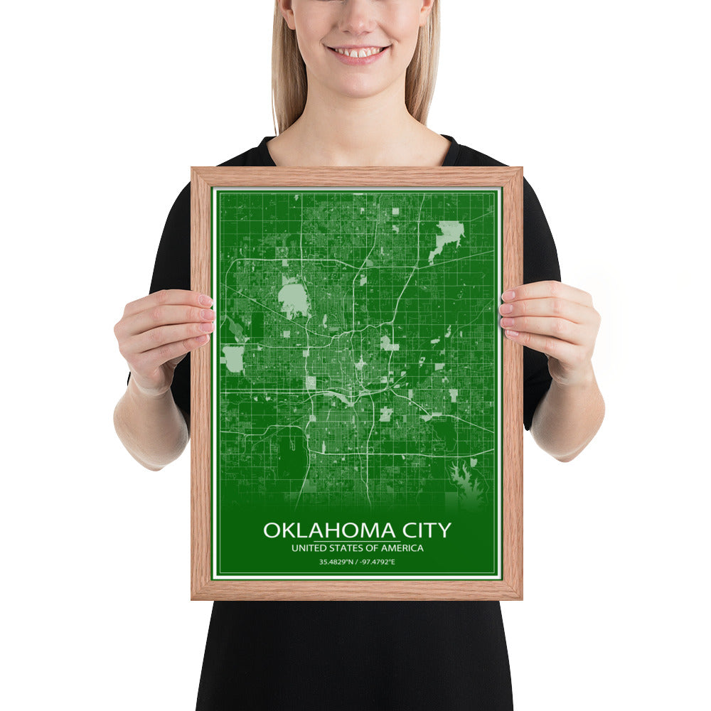 Oklahoma City Green and White Framed Map