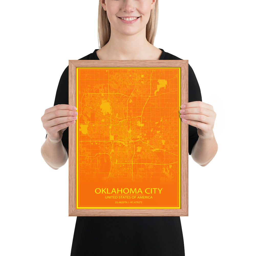 Oklahoma City Orange and Yellow Framed Map