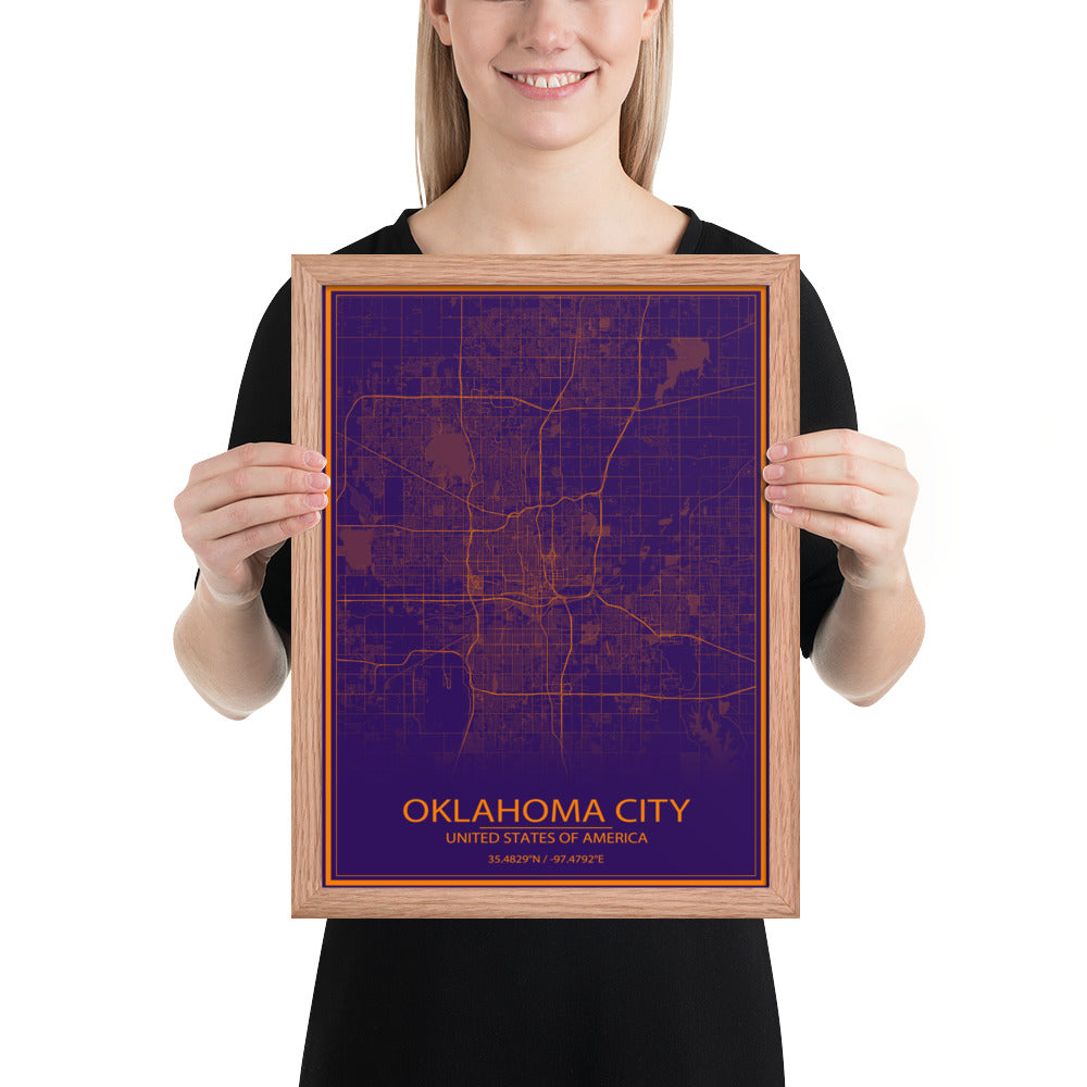 Oklahoma City Purple and Orange Framed Map