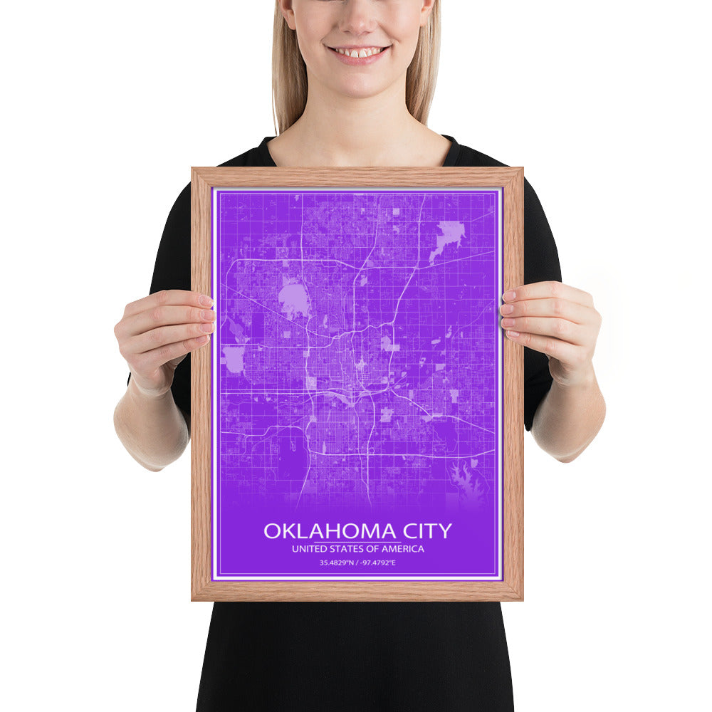 Oklahoma City Purple and White Framed Map