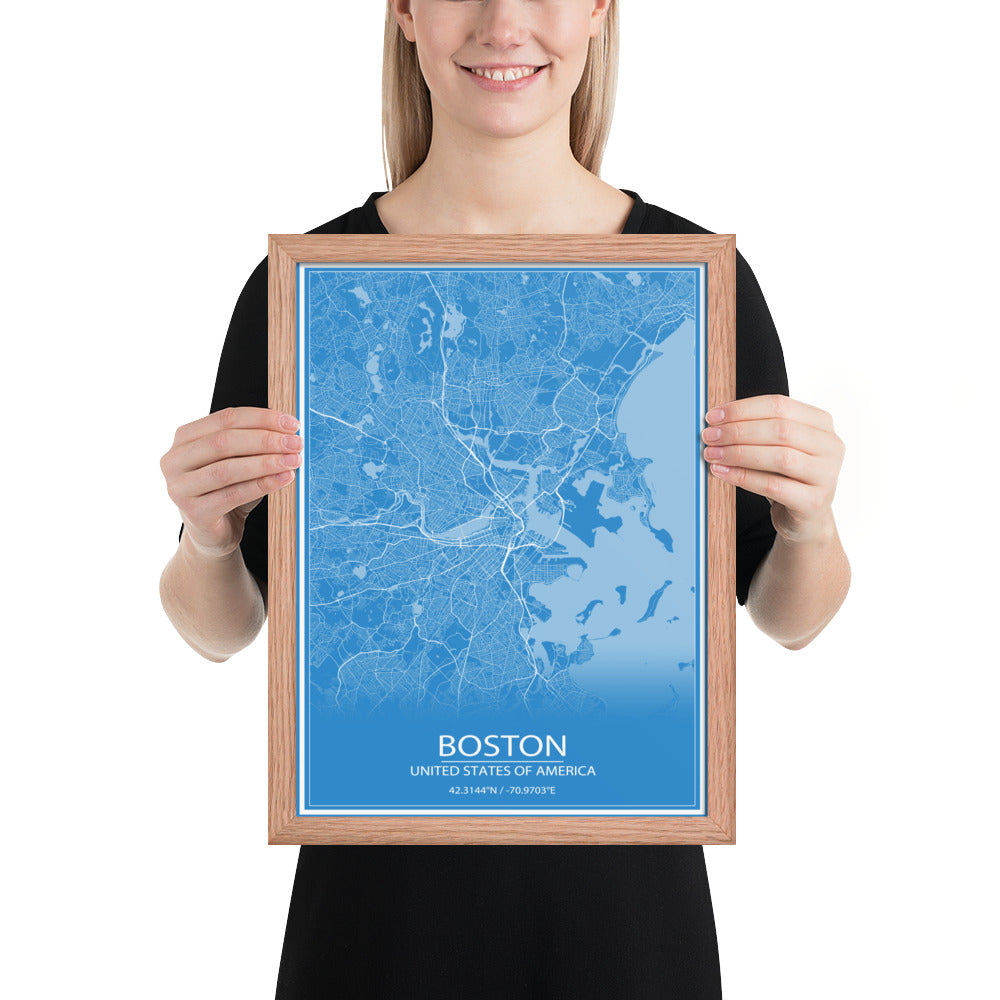 Boston Blue and White Framed Map