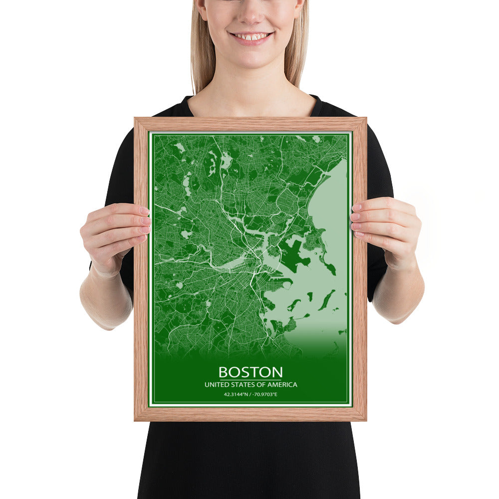 Boston Green and White Framed Map