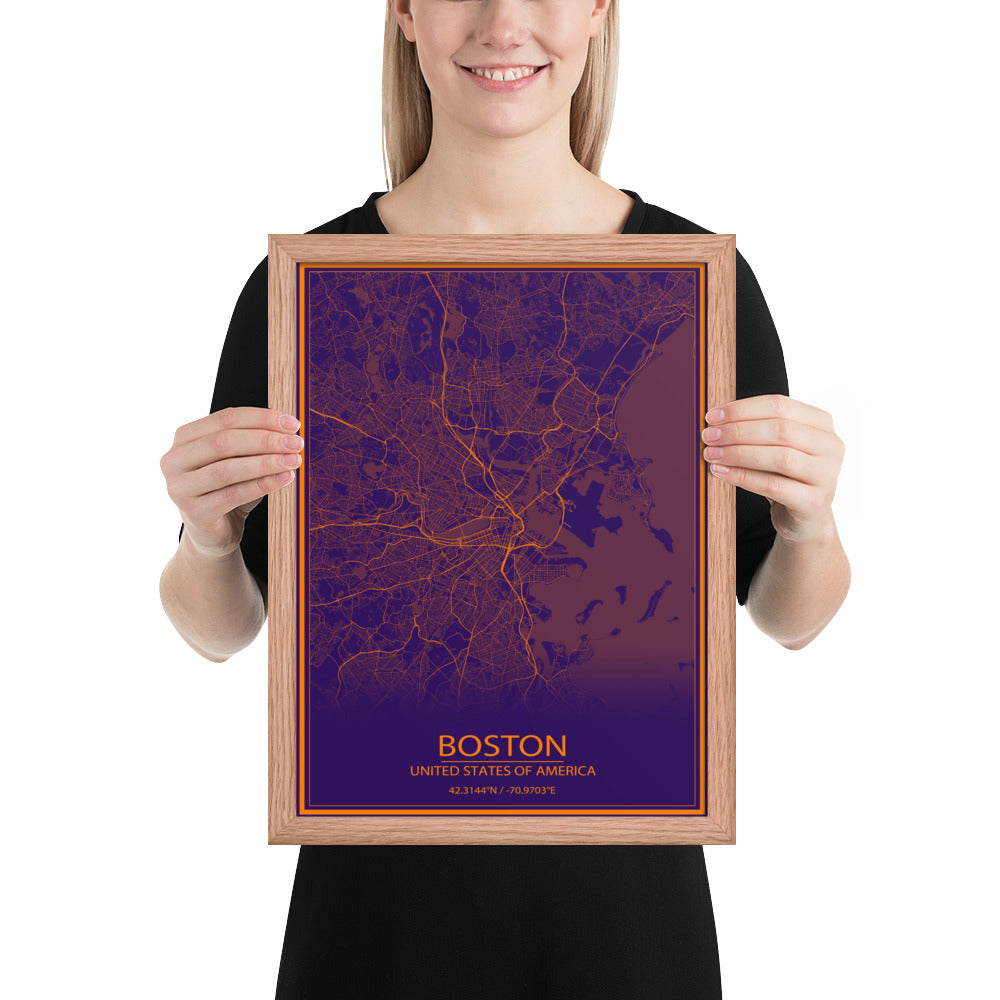 Boston Purple and Orange Framed Map