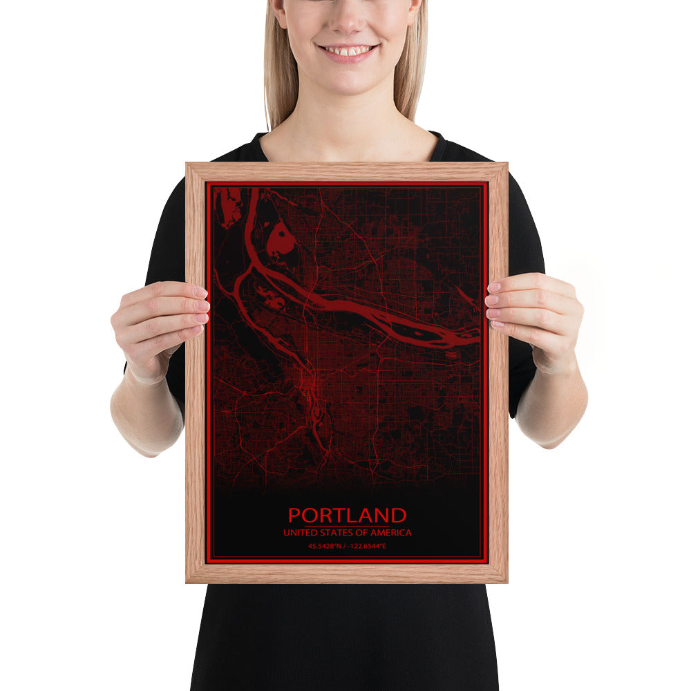 Portland Black and Red Framed Map