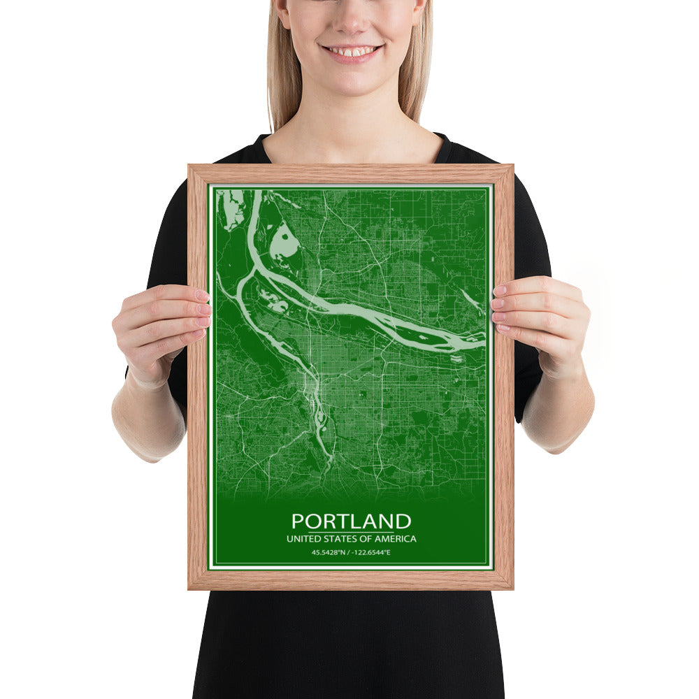 Portland Green and White Framed Map