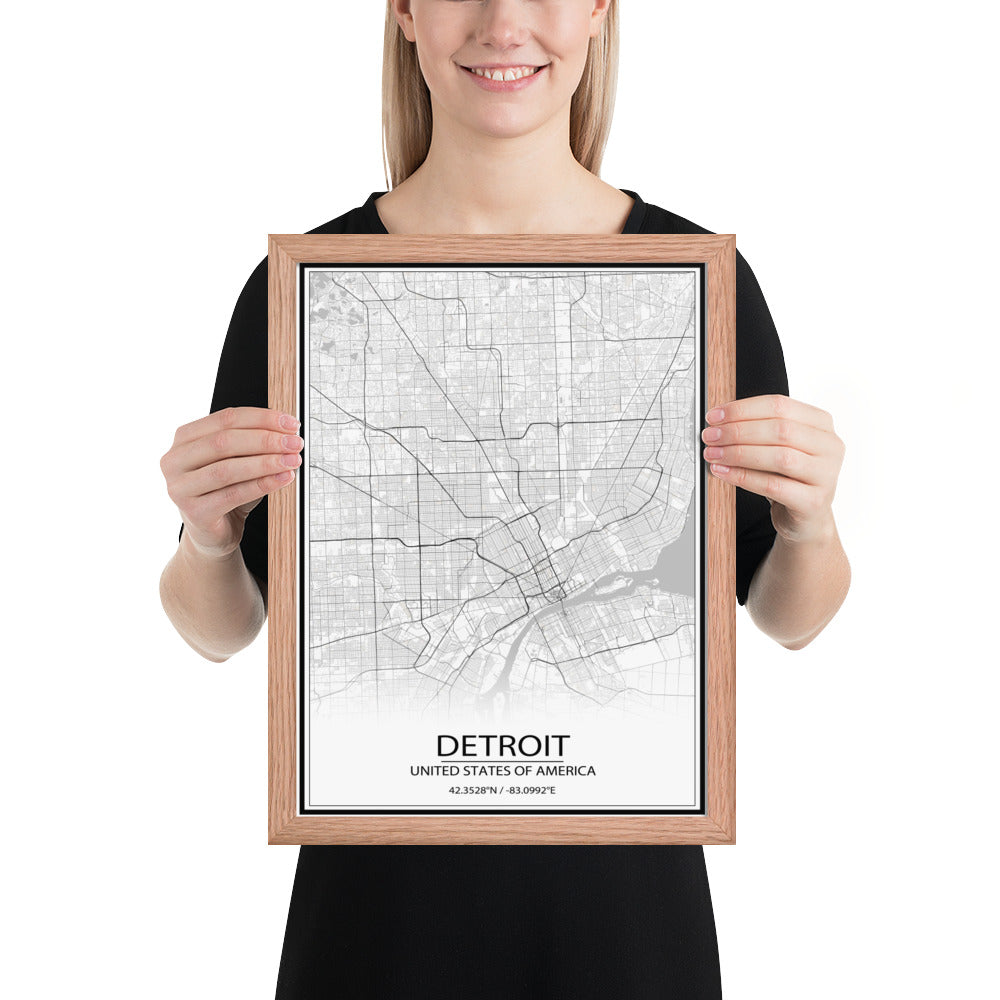 Detroit White Framed Map