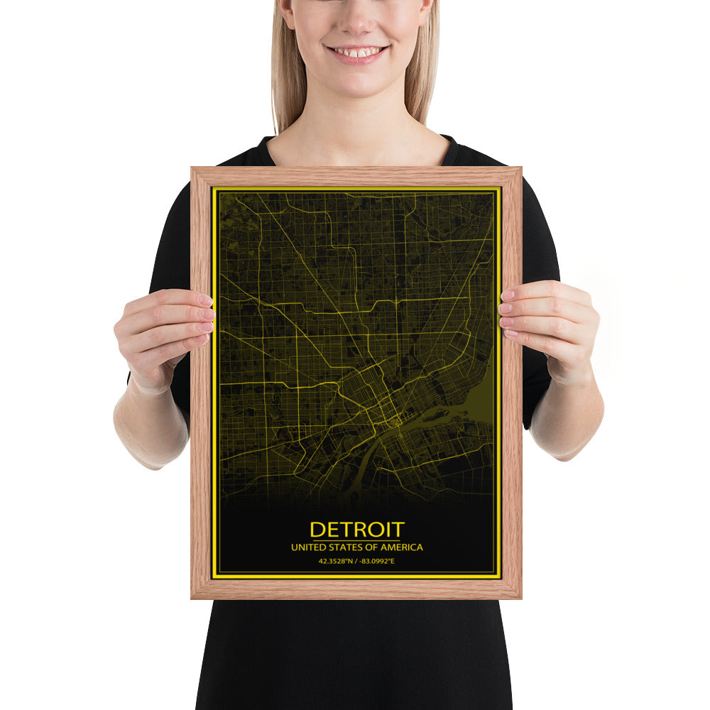 Detroit Black and Yellow Framed Map