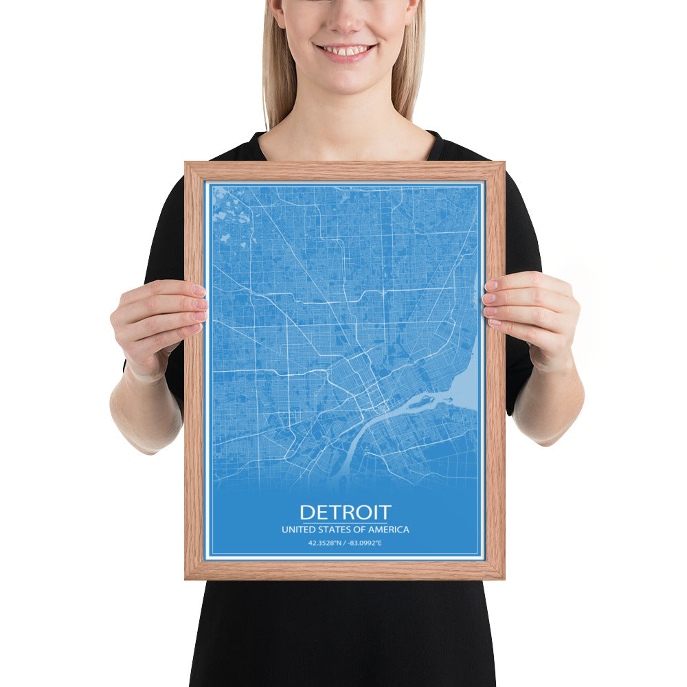 Detroit Blue and White Framed Map