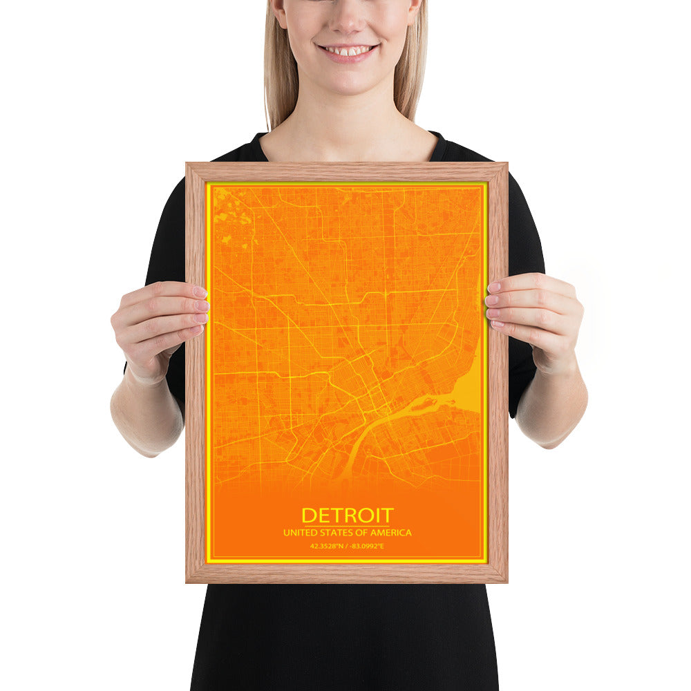 Detroit Orange and Yellow Framed Map