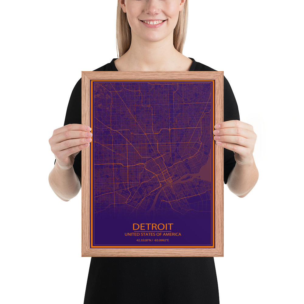 Detroit Purple and Orange Framed Map