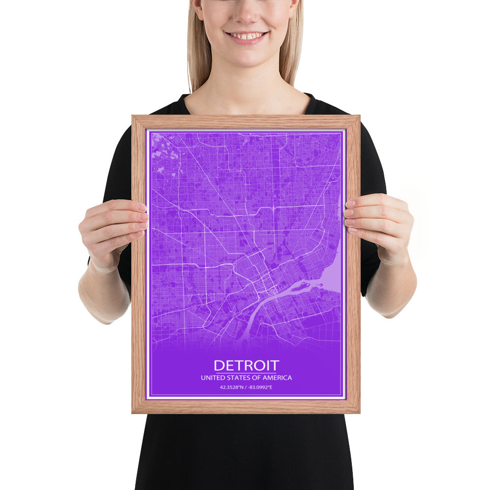 Detroit Purple and White Framed Map